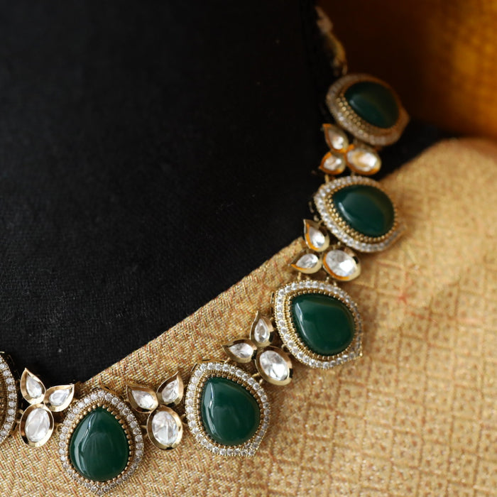 Trendy green stone short necklace with earrings and tikka 148542454