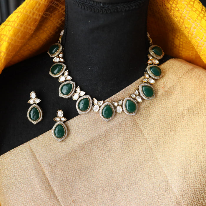 Trendy green stone short necklace with earrings and tikka 148542454