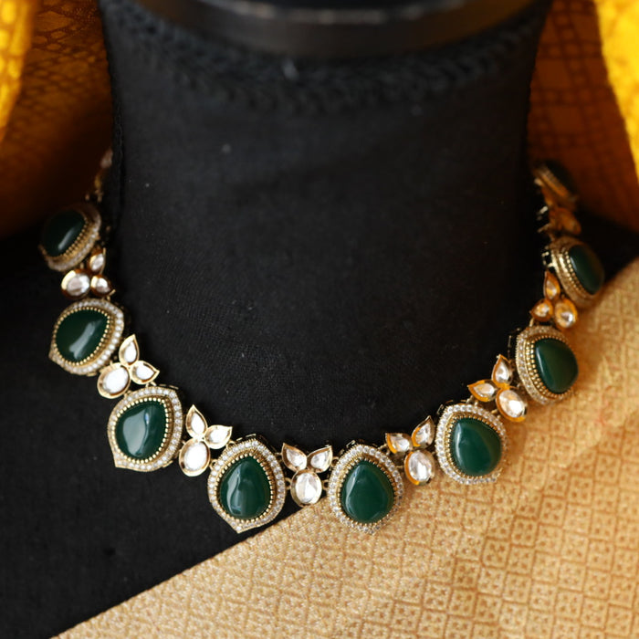 Trendy green stone short necklace with earrings and tikka 148542454