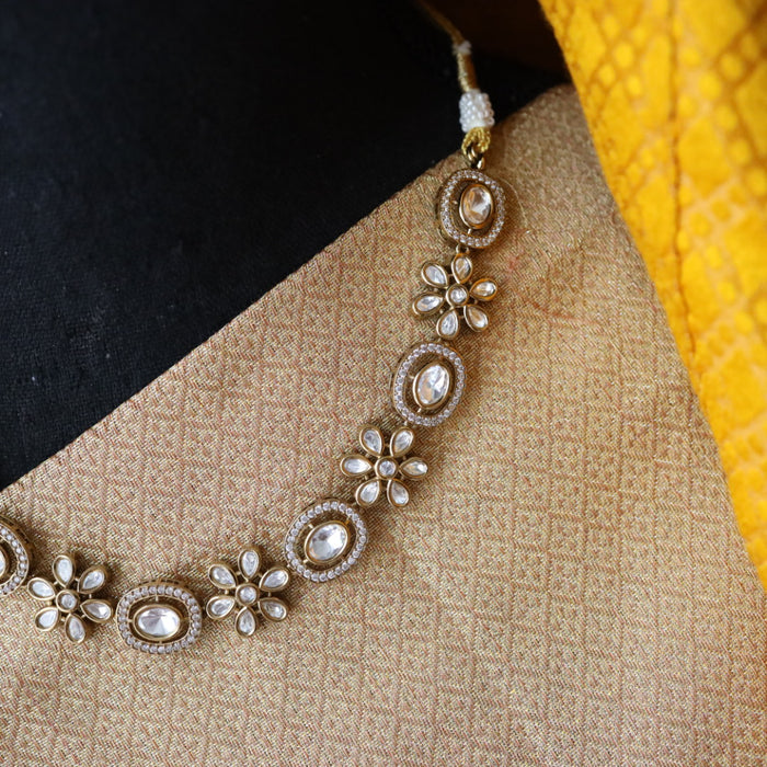 Trendy white stone short necklace with earrings and tikka 14851111