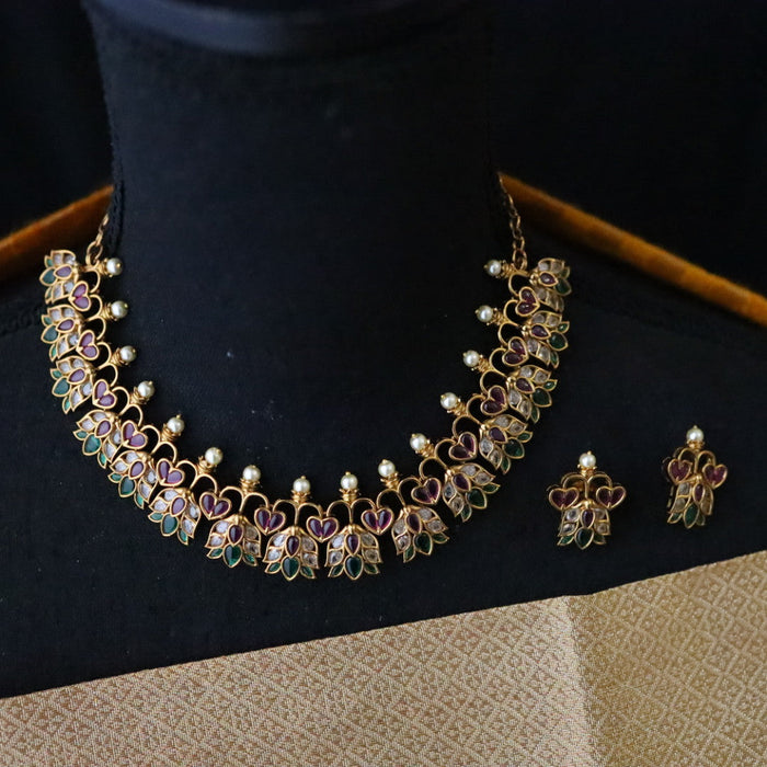 Antique ruby pearl short necklace with jumka earrings 157260