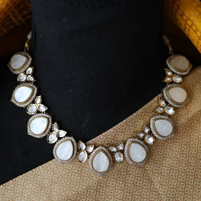 Trendy mother of pearl stone short necklace with earrings and tikka 1485424