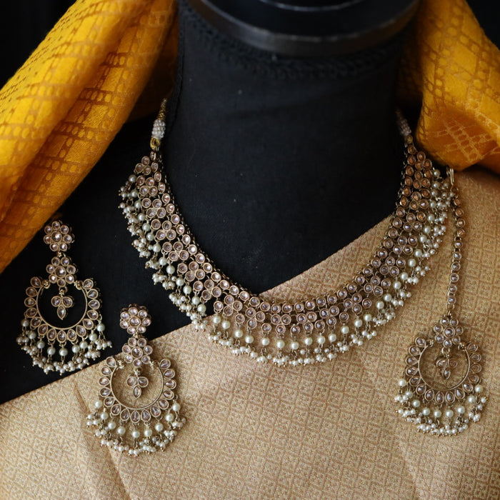 Trendy pearl short necklace with earrings and tikka 14854222