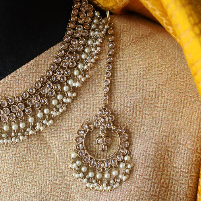 Trendy pearl short necklace with earrings and tikka 14854222