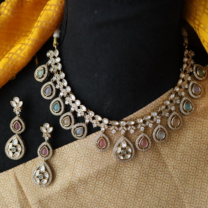 Trendy multi stone short necklace with earrings and tikka 14111111