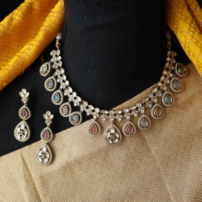 Trendy multi stone short necklace with earrings and tikka 14111111