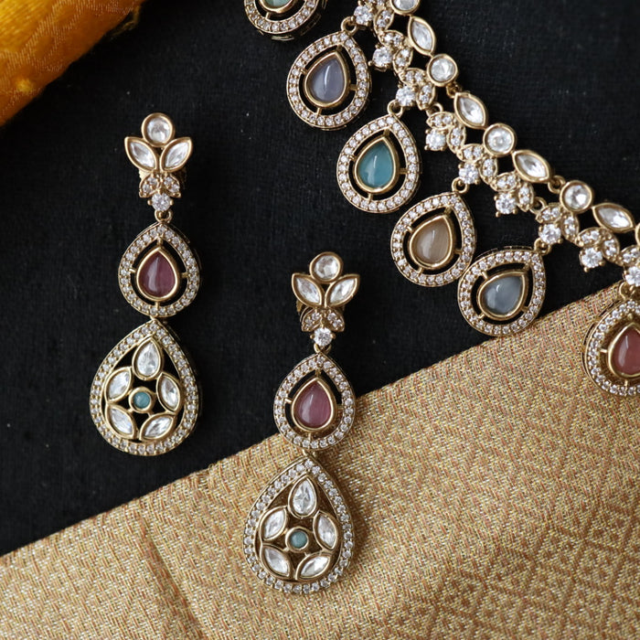 Trendy multi stone short necklace with earrings and tikka 14111111