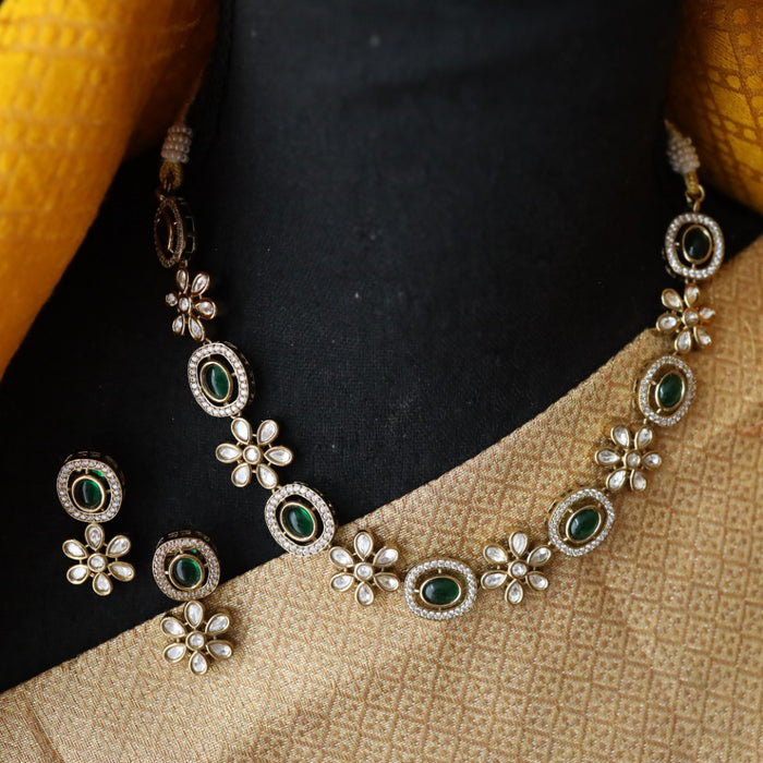 Trendy green stone short necklace with earrings and tikka 1482222