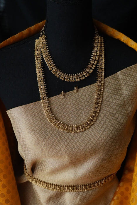 Antique gold simple long & short necklace with waistchain and earrings 81645