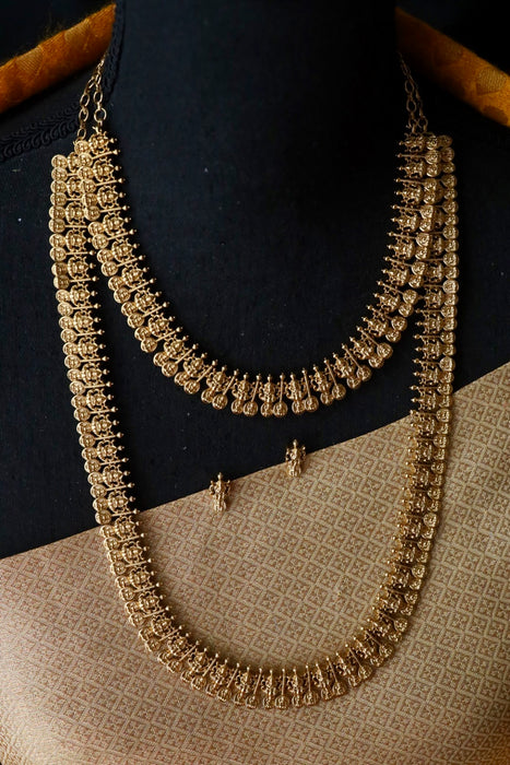 Antique gold simple long & short necklace with waistchain and earrings 81645