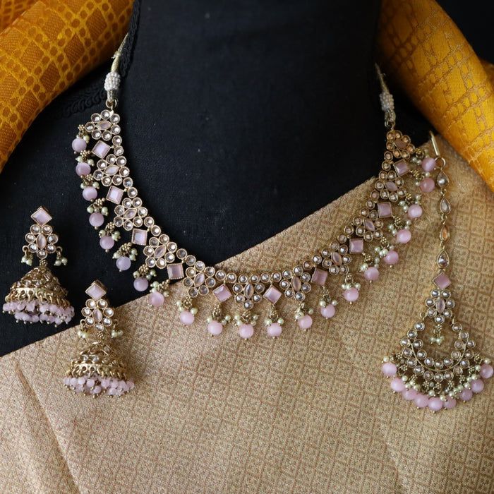 Trendy pink pearl short necklace with earrings and tikka 14822225