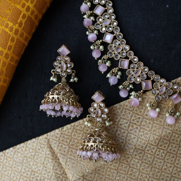 Trendy pink pearl short necklace with earrings and tikka 14822225