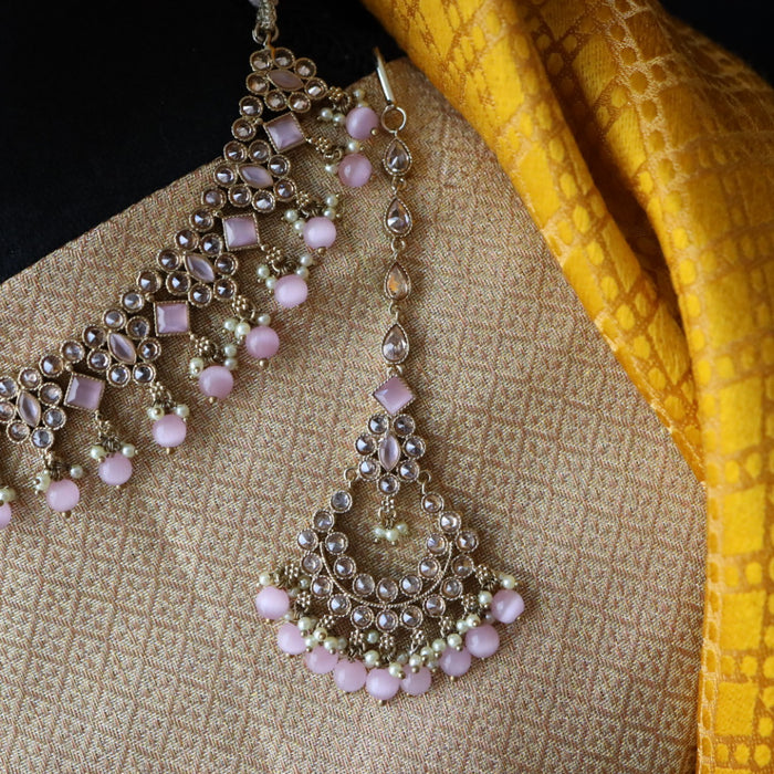 Trendy pink pearl short necklace with earrings and tikka 14822225