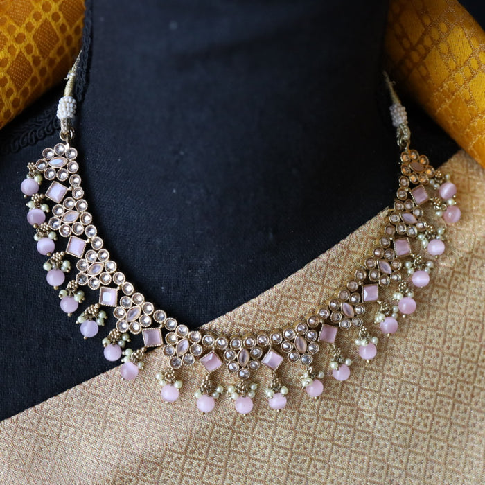 Trendy pink pearl short necklace with earrings and tikka 14822225