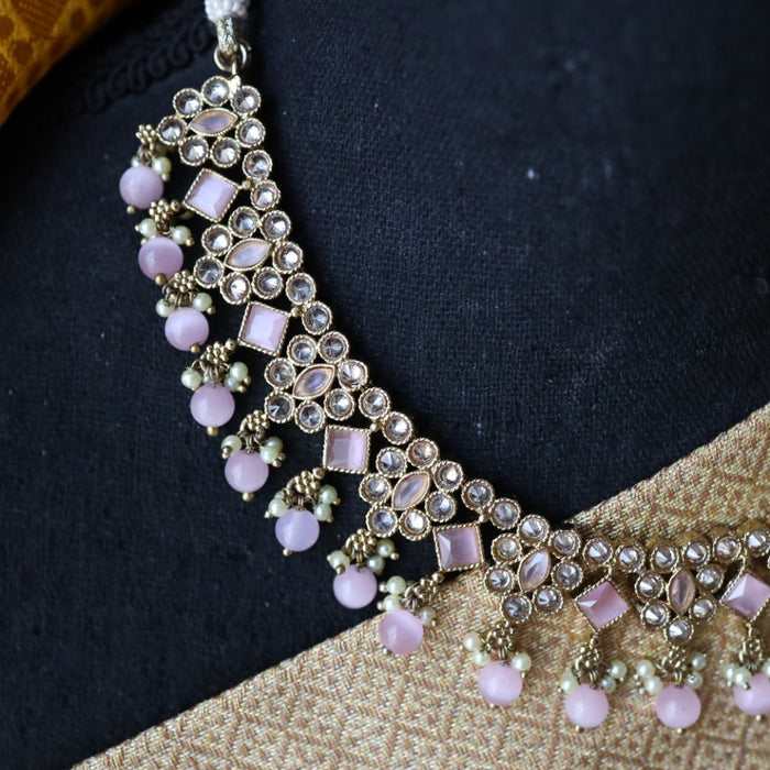 Trendy pink pearl short necklace with earrings and tikka 14822225