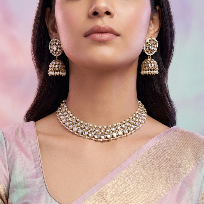 Trendy white stone short necklace with earrings and tikka TW0012