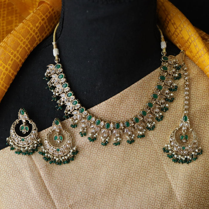 Trendy green pearl short necklace with earrings and tikka 148223