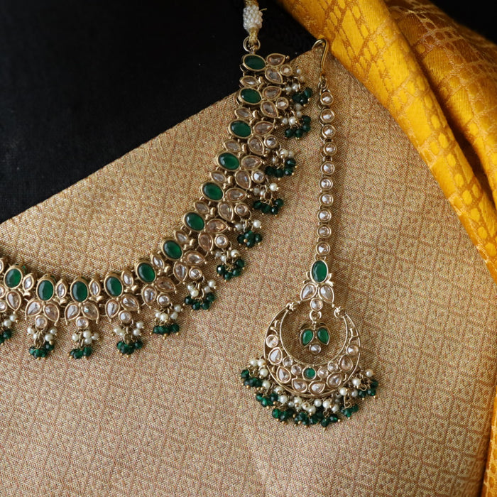 Trendy green pearl short necklace with earrings and tikka 148223