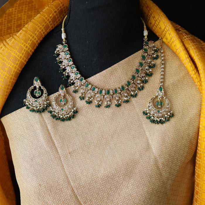 Trendy green pearl short necklace with earrings and tikka 148223