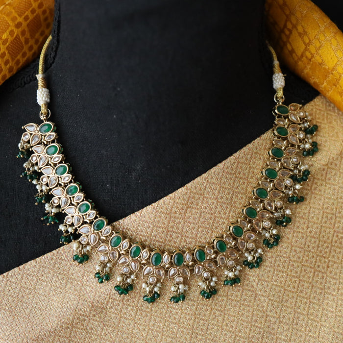 Trendy green pearl short necklace with earrings and tikka 148223