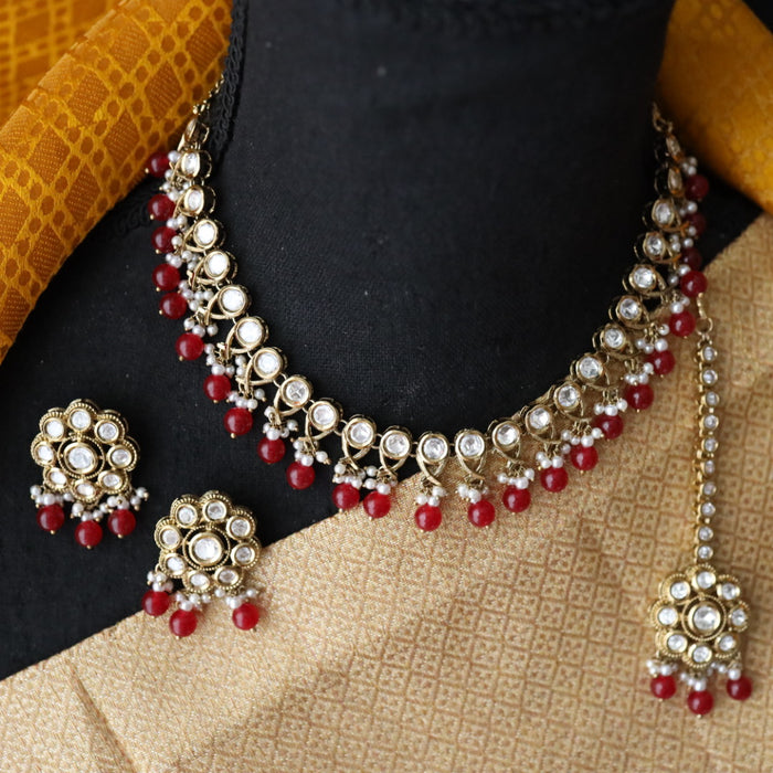 Trendy red pearl short necklace with earrings and tikka 148225