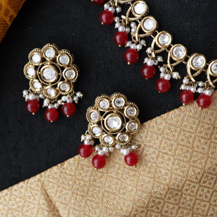 Trendy red pearl short necklace with earrings and tikka 148225