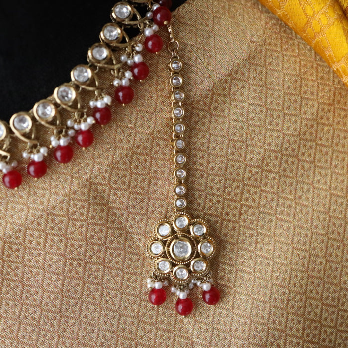 Trendy red pearl short necklace with earrings and tikka 148225