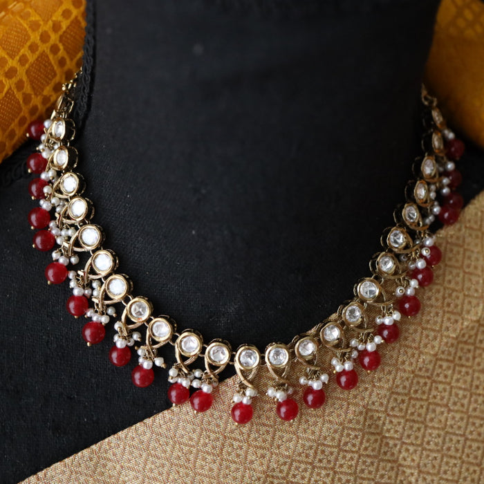 Trendy red pearl short necklace with earrings and tikka 148225