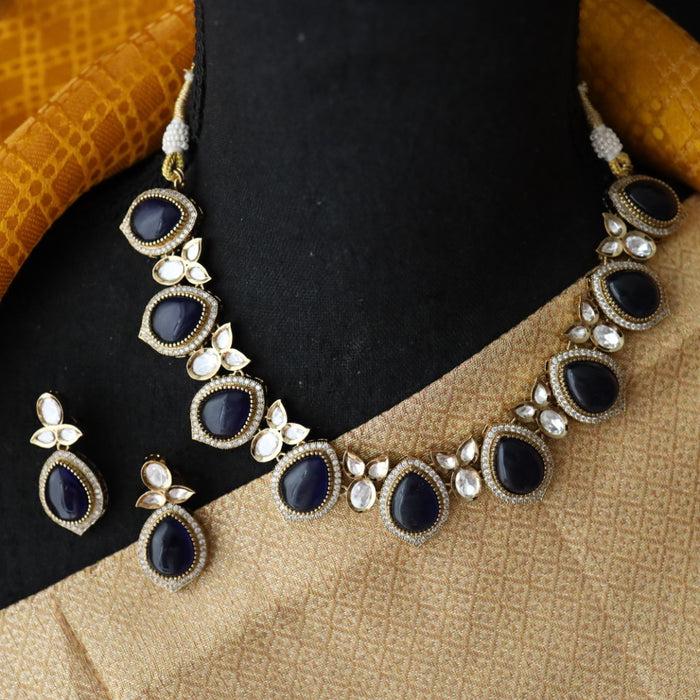 Trendy dark blue stone short necklace with earrings and tikka 148227