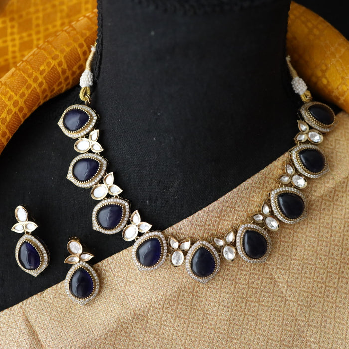 Trendy dark blue stone short necklace with earrings and tikka 148227