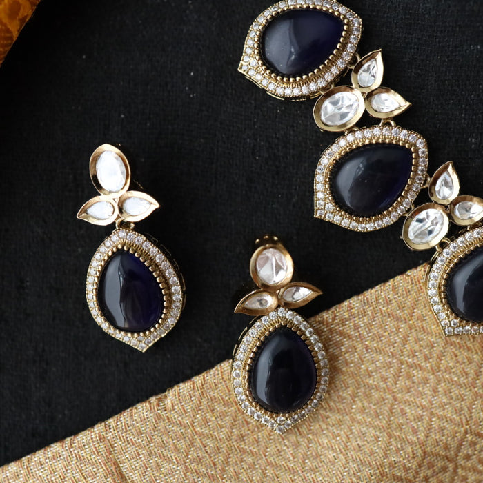 Trendy dark blue stone short necklace with earrings and tikka 148227