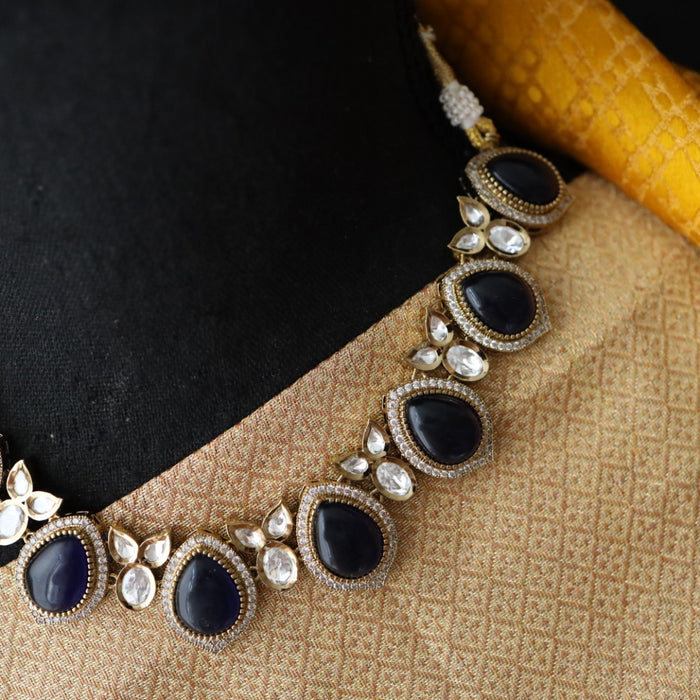 Trendy dark blue stone short necklace with earrings and tikka 148227