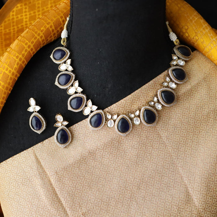 Trendy dark blue stone short necklace with earrings and tikka 148227