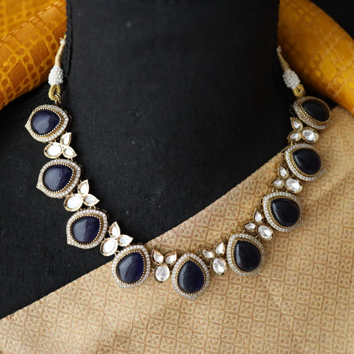 Trendy dark blue stone short necklace with earrings and tikka 148227