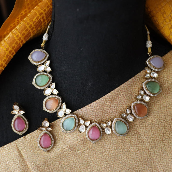 Trendy multi colour stone short necklace with earrings 482111