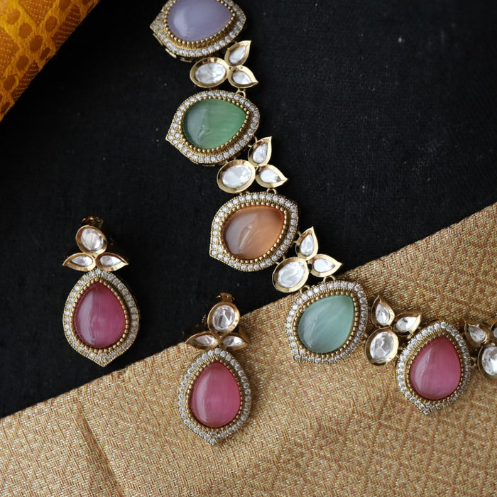 Trendy multi colour stone short necklace with earrings 482111