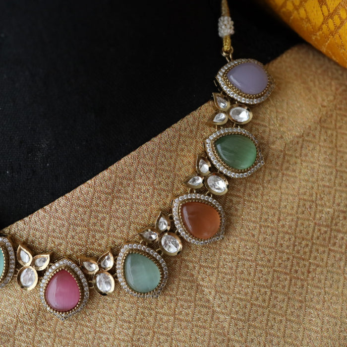 Trendy multi colour stone short necklace with earrings 482111