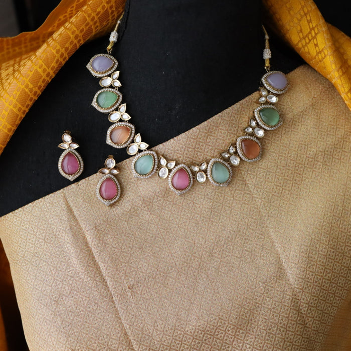 Trendy multi colour stone short necklace with earrings 482111