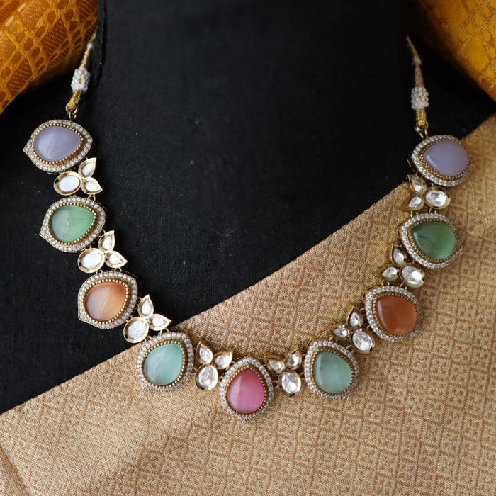 Trendy multi colour stone short necklace with earrings 482111