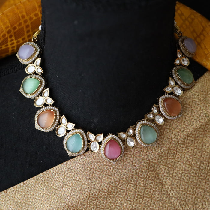 Trendy multi colour stone short necklace with earrings 482111