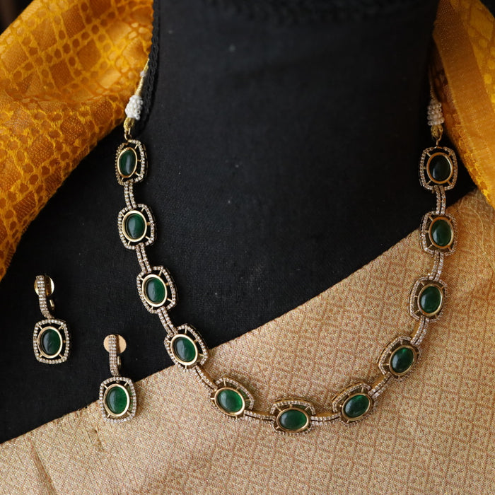 Trendy green stone short necklace with earrings 482118