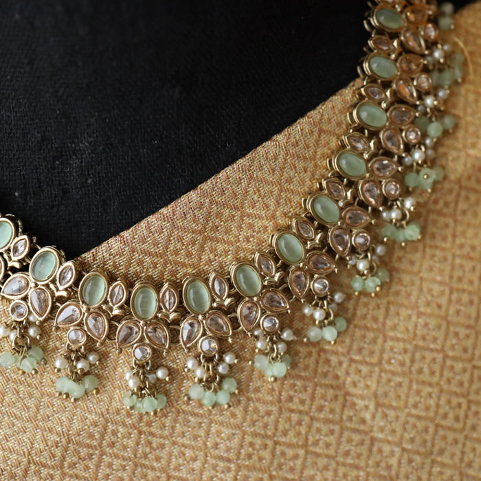 Trendy mint green stone short necklace with earrings 482119