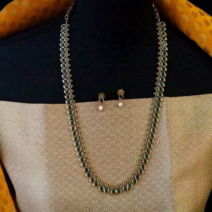 Antique  green stone long necklace with  earrings / waistchain 157790