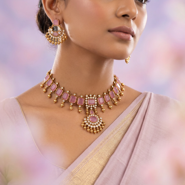 Antique pink stone choker necklace and earrings CCB2001