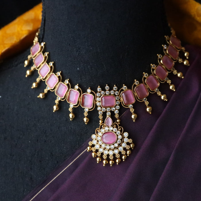 Antique pink stone choker necklace and earrings 816897