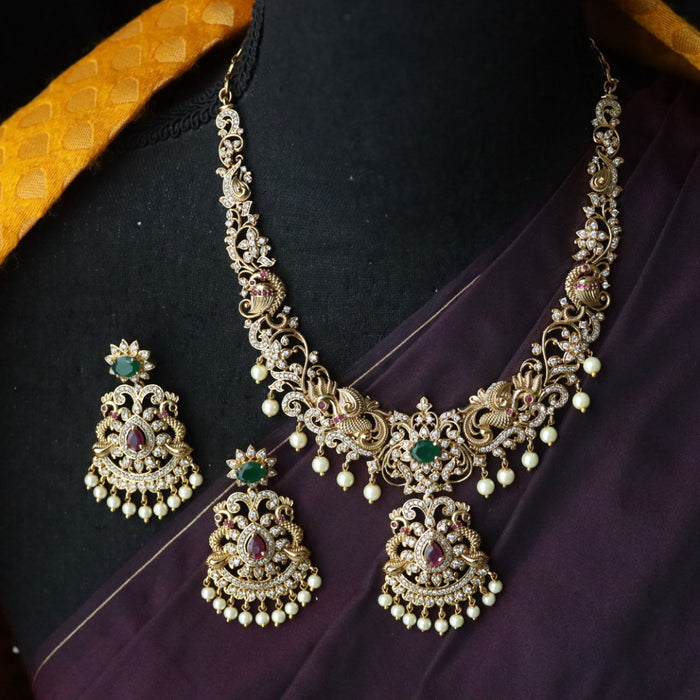 Antique gold stone short necklace and earrings 816876
