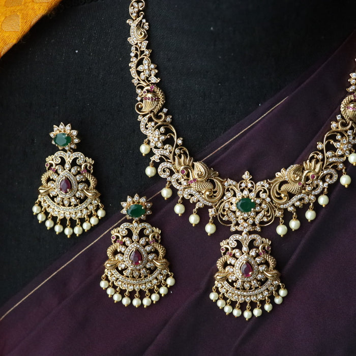 Antique gold stone short necklace and earrings 816876