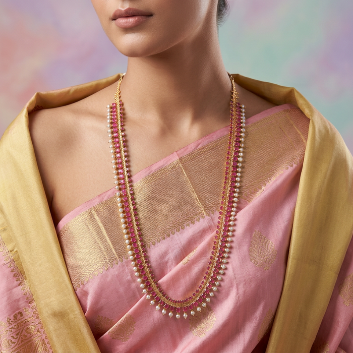 Heritage gold plated ruby stone long/ waistchain necklace 145776