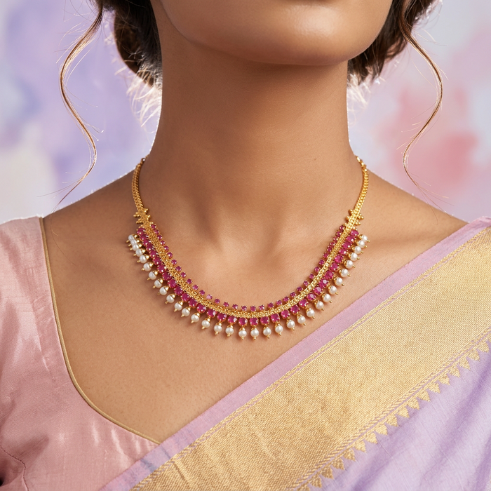 Heritage gold plated ruby stone short necklace 145778