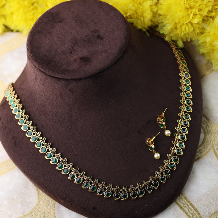 Antique  green stone long necklace with  earrings / waistchain 157790